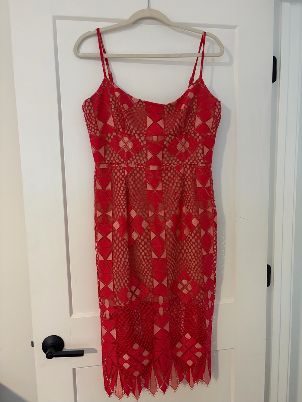 BCBGMaxAzria Red Lace Midi Dress with Geometric Overlay